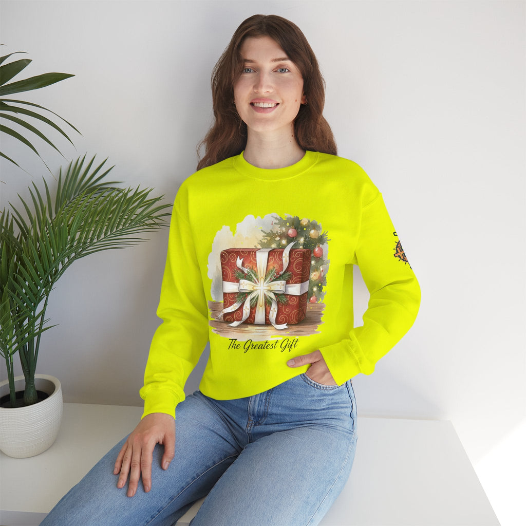 The Greatest Gift Sweatshirt – Cross Bow Present Christian Sweatshirt for Christmas Salvation & Eternal Faith Printify