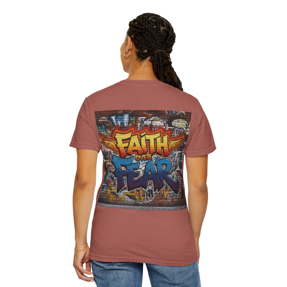 Faith Over Fear T-shirt – Graffiti Wall Christian T-shirt for Bold 2 Corinthians 5:7 Streetwear & Unshakable Faith Printify