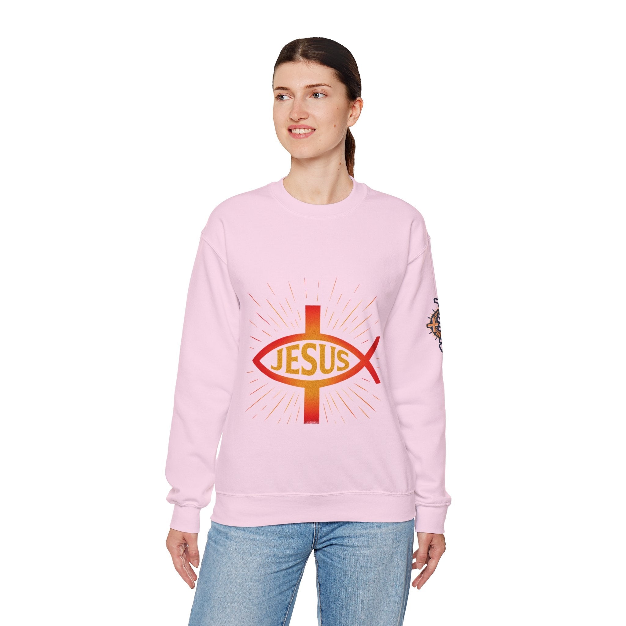 Jesus Ichthys Sweatshirt – Christian Fish Symbol with Cross & Jesus Inscription Sweatshirt for Eternal Faith & Streetwear Printify
