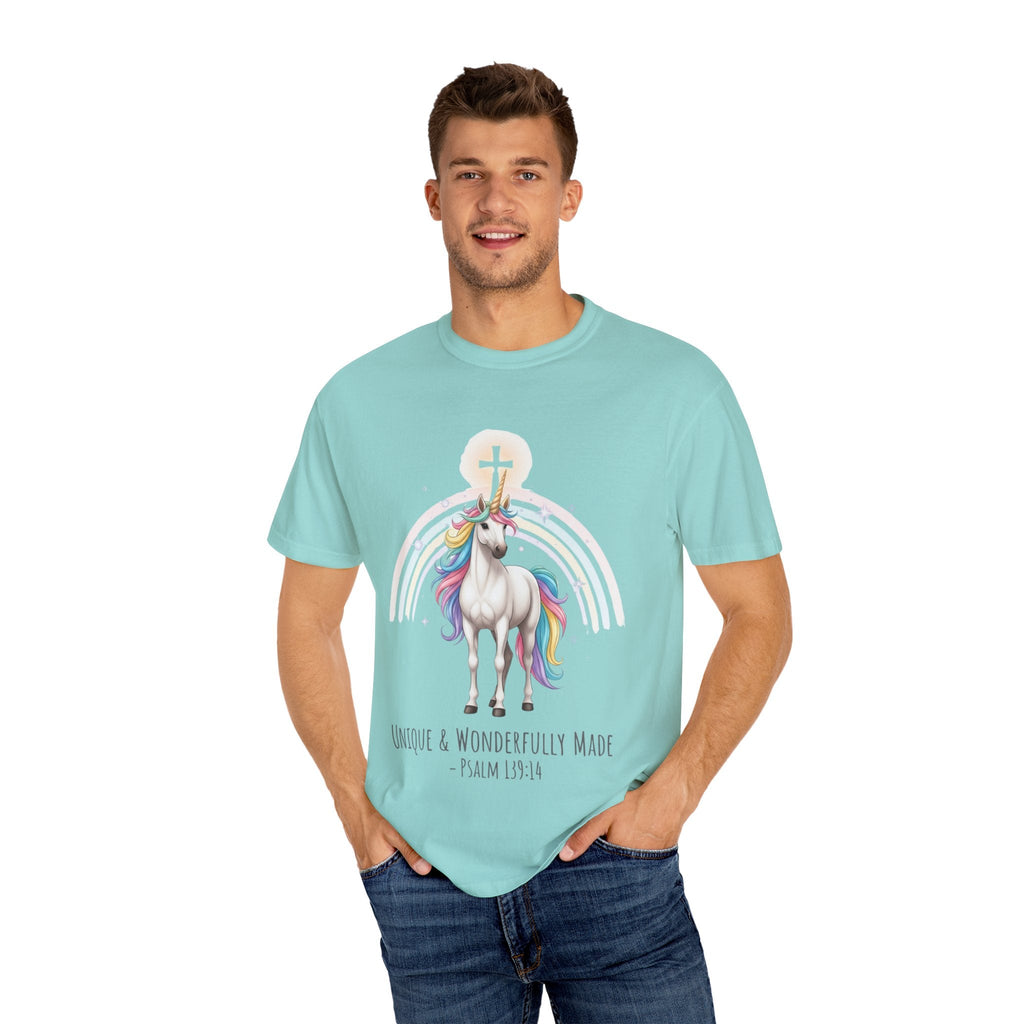 Unique Unicorn Christian T-Shirt – Wonderfully Made with Rainbow Cross & Psalm 139:14 Printify