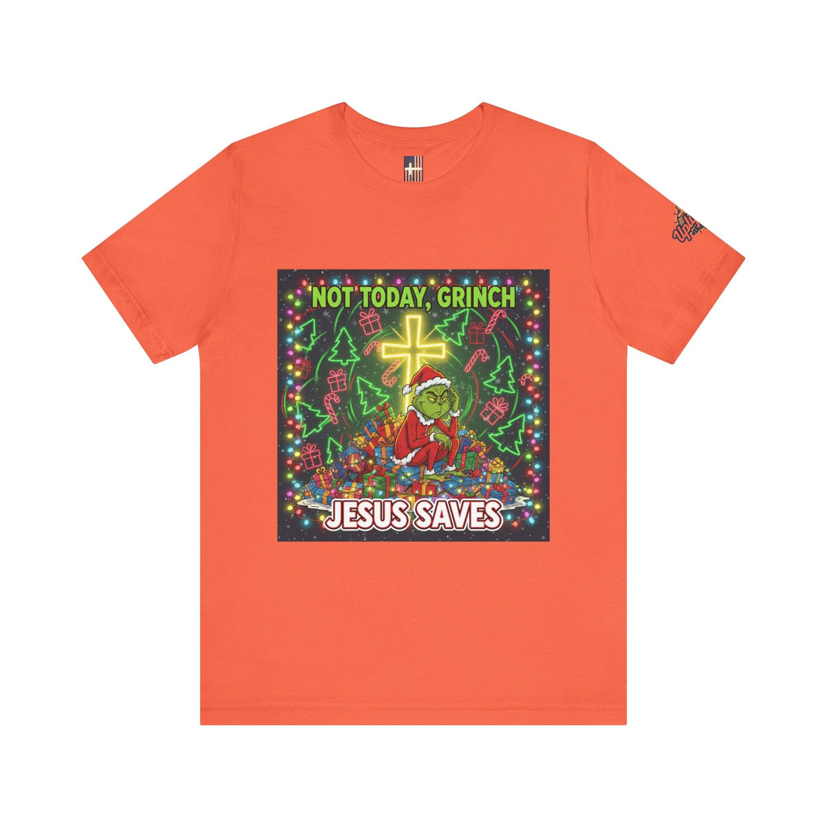 🎄 Not Today, Grinch – Jesus Saves | Funny Christian Christmas T-Shirt | Festive Green & Red Cartoon Style | Bold Faith Holiday Tee by Uplifted Gear Printify