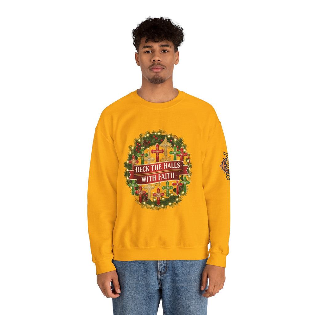 🎄 Deck the Halls with Faith – Christian Christmas Sweatshirt | Cross Ornament Design & Festive Garland | Bold Holiday Faith Tee by Uplifted Gear Printify