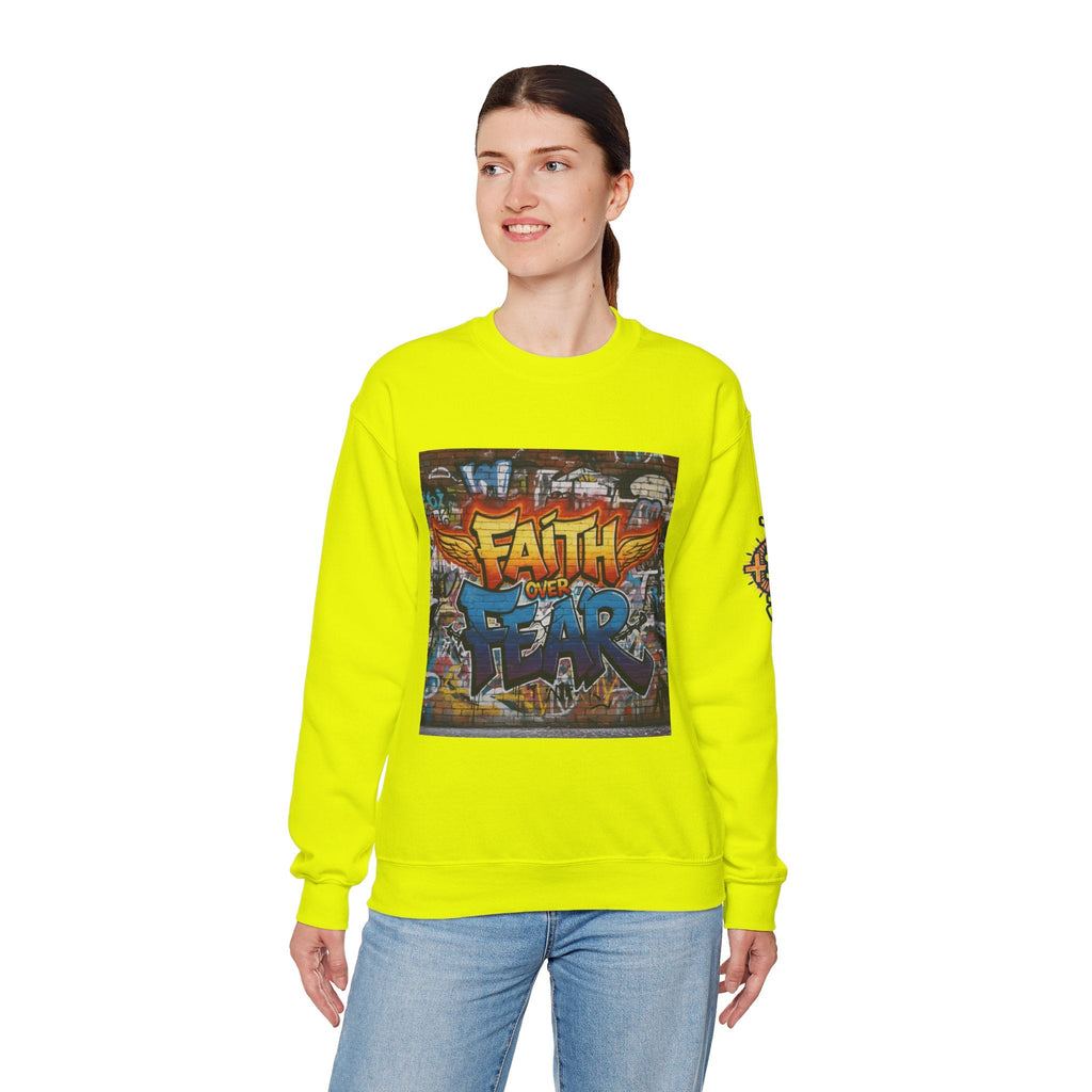 Faith Over Fear Sweatshirt – Graffiti Wall Christian Sweatshirt for Bold 2 Corinthians 5:7 Streetwear & Unshakable Faith Printify