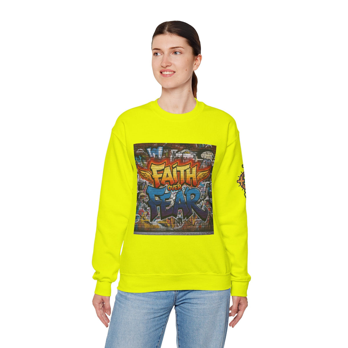 Faith Over Fear Sweatshirt – Graffiti Wall Christian Sweatshirt for Bold 2 Corinthians 5:7 Streetwear & Unshakable Faith Printify