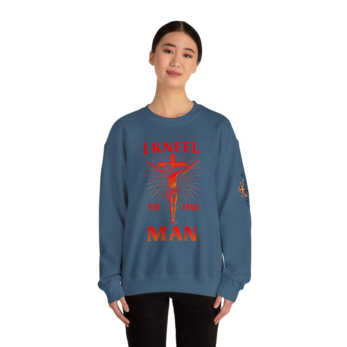 I Kneel to One Man Sweatshirt – Crucifixion Christian Sweatshirt for Unashamed Devotion & Bold Faith Printify