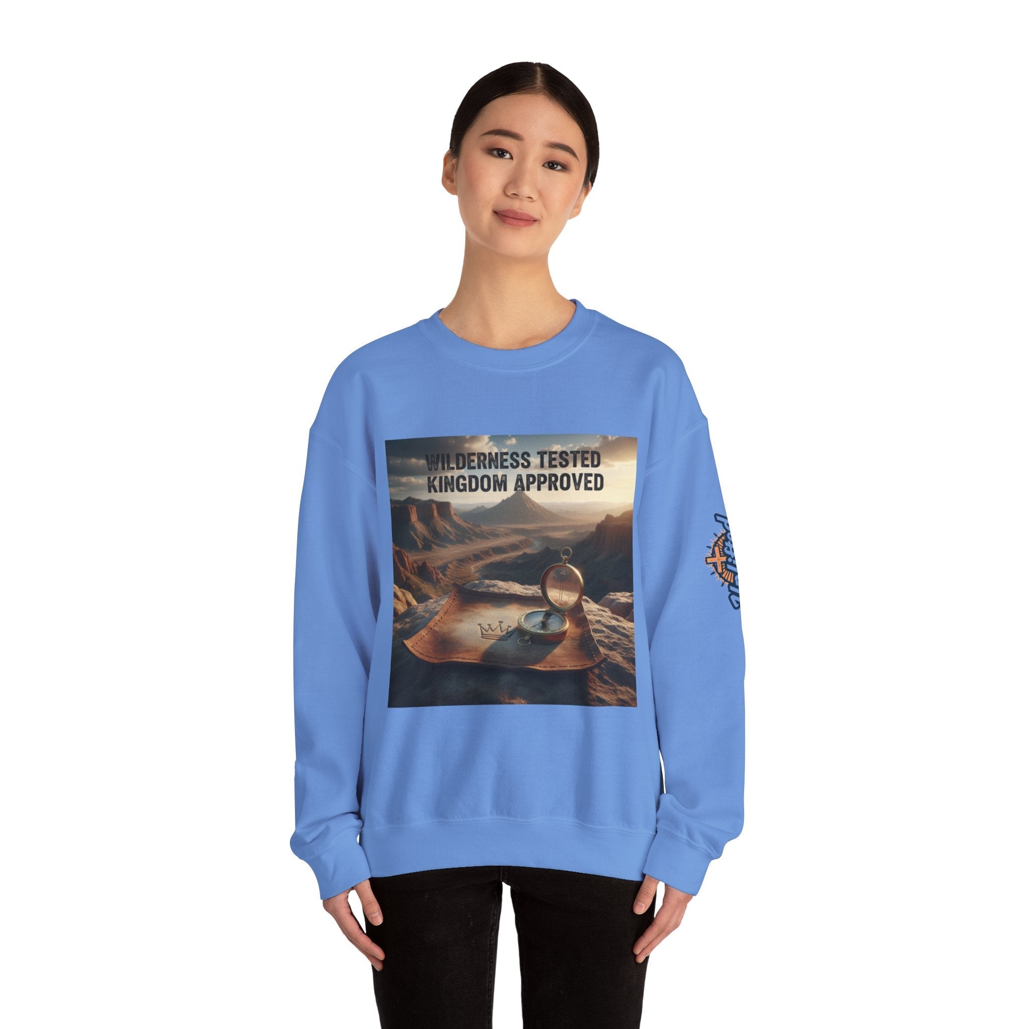Wilderness Tested Kingdom Approved Sweatshirt – Mountain Desert Compass Crown Christian Sweatshirt for Biblical Adventure Faith Printify