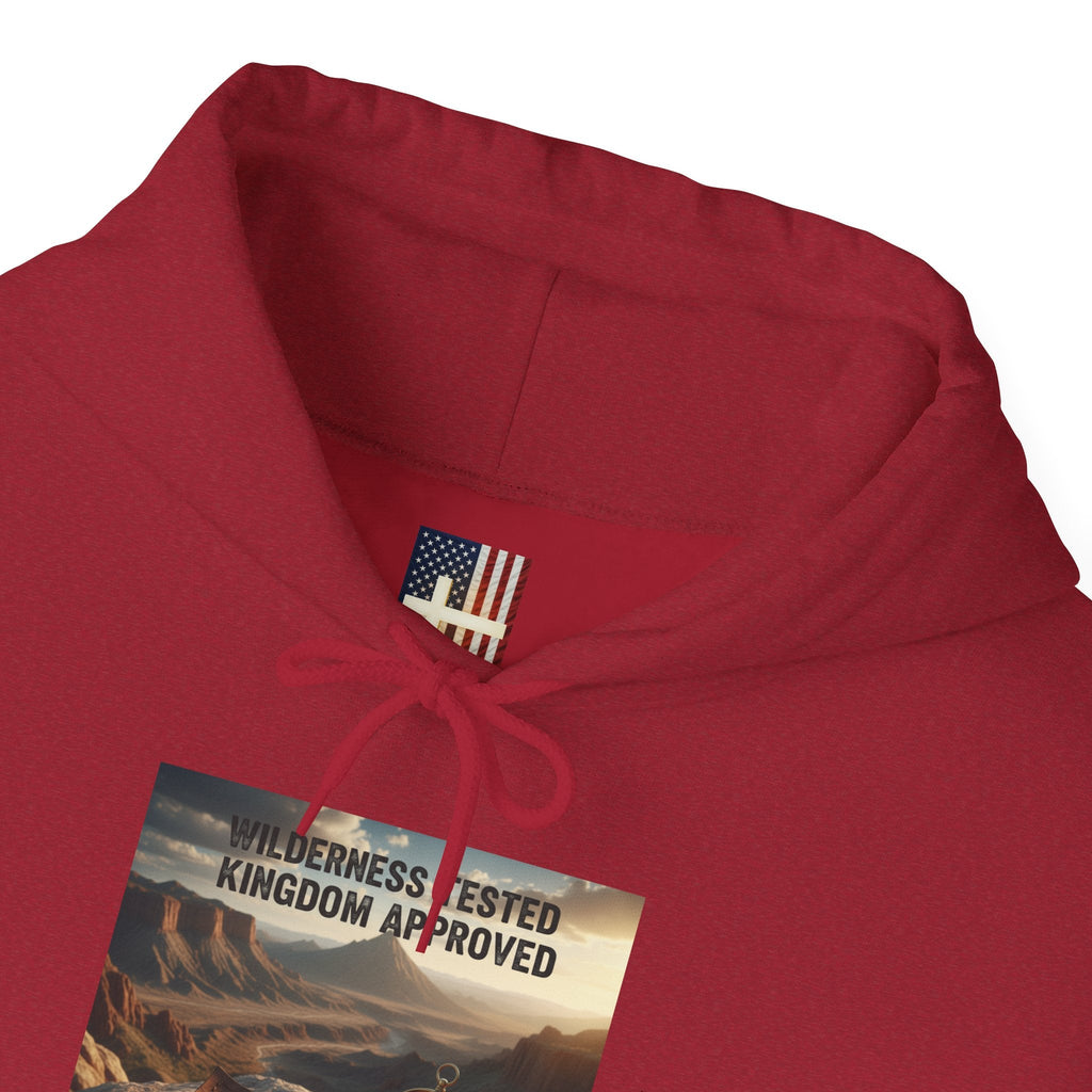 Wilderness Tested Kingdom Approved Hoodie – Mountain Desert Compass Crown Christian Sweatshirt for Biblical Adventure Faith Printify