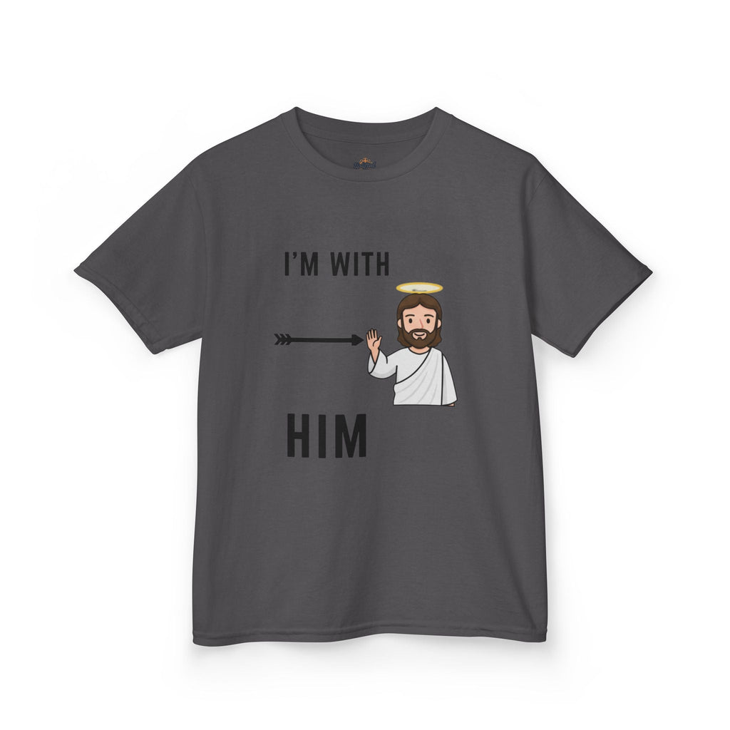 🔥 I’m With Him → Christian Kids T-Shirt | Arrow Pointing to Jesus | Minimalist Faith Tee | Subtle Cross Design | Bible-Inspired Apparel by Uplifted Gear Printify