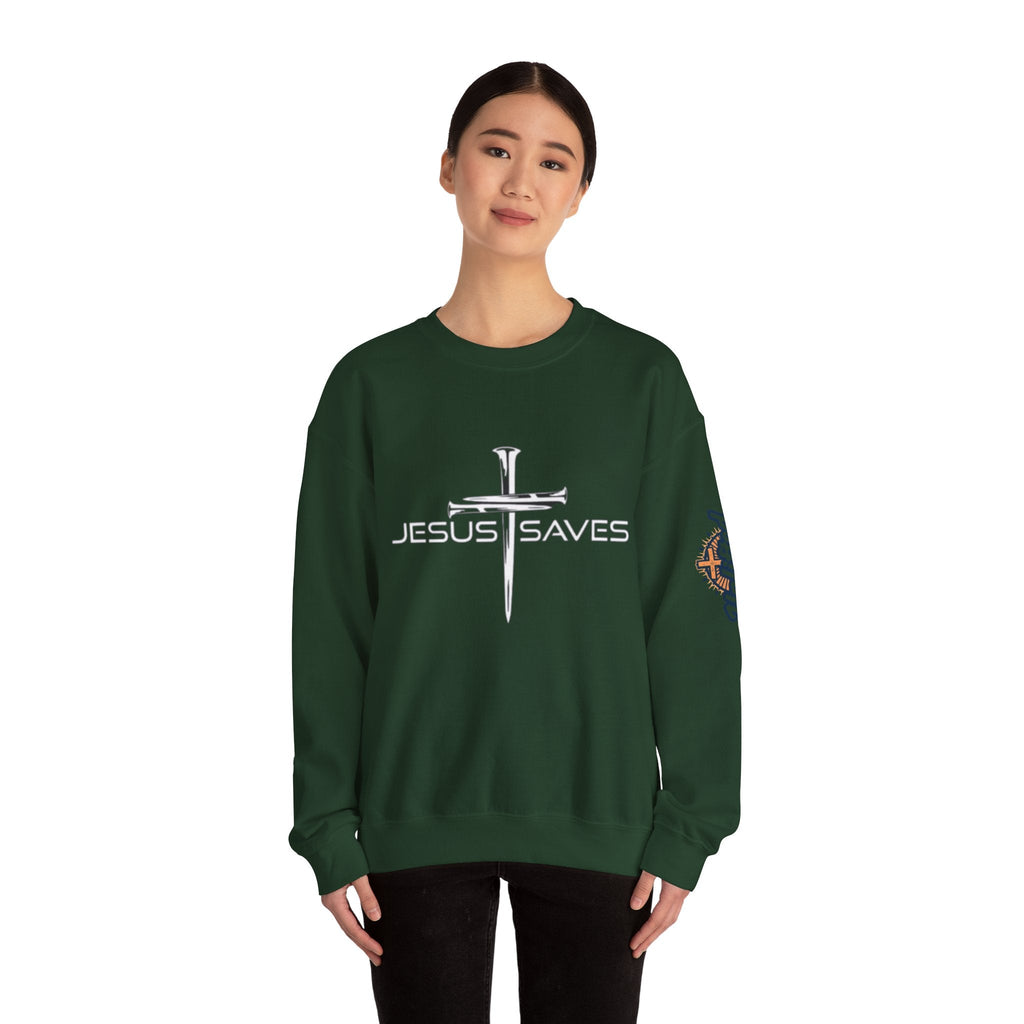 Jesus Saves Sweatshirt – 3 Nails Crucifix Cross Christian Sweatshirt for Redemption Faith & Bold Salvation Printify