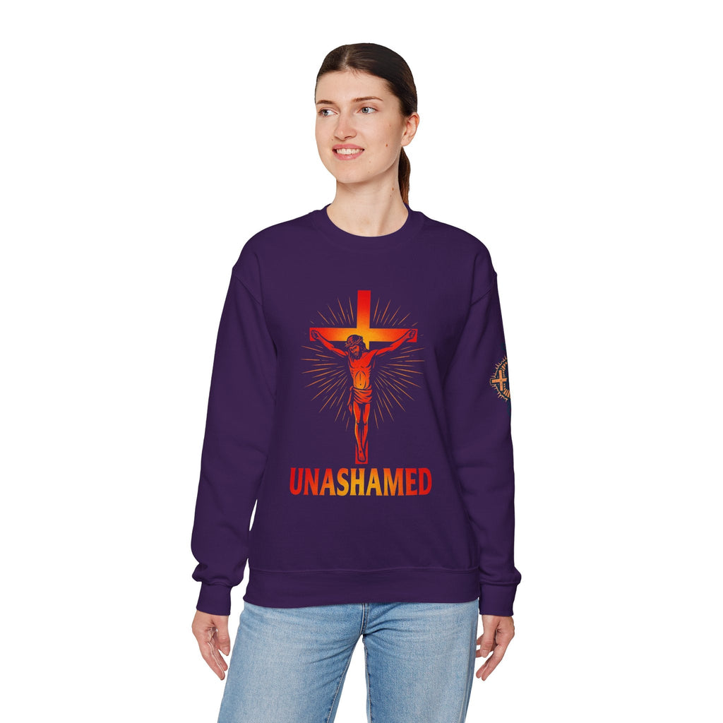 Unashamed Sweatshirt – Romans 1:16 Crucifixion Christian Sweatshirt for Bold Unwavering Faith Printify