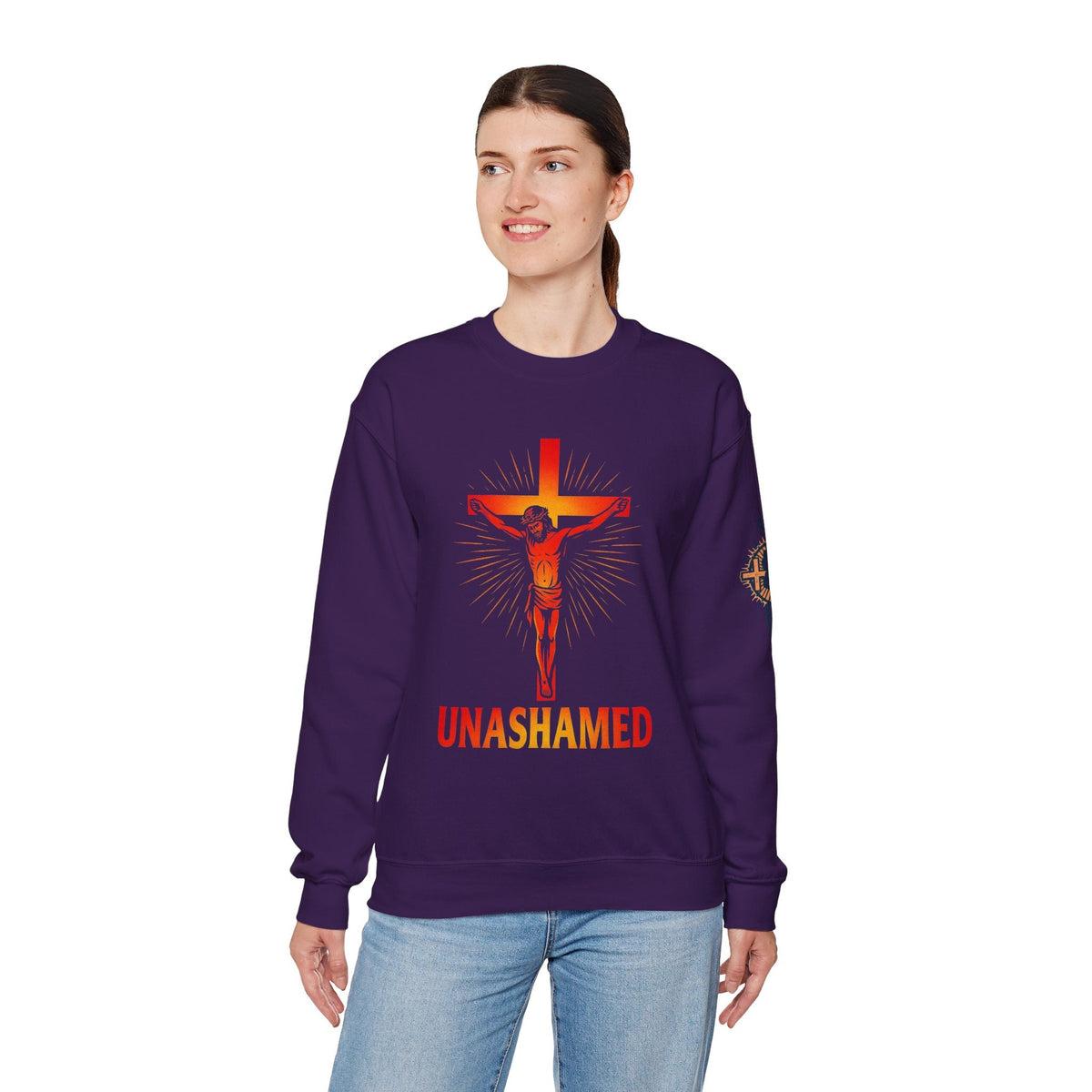 Unashamed Sweatshirt – Romans 1:16 Crucifixion Christian Sweatshirt for Bold Unwavering Faith Printify