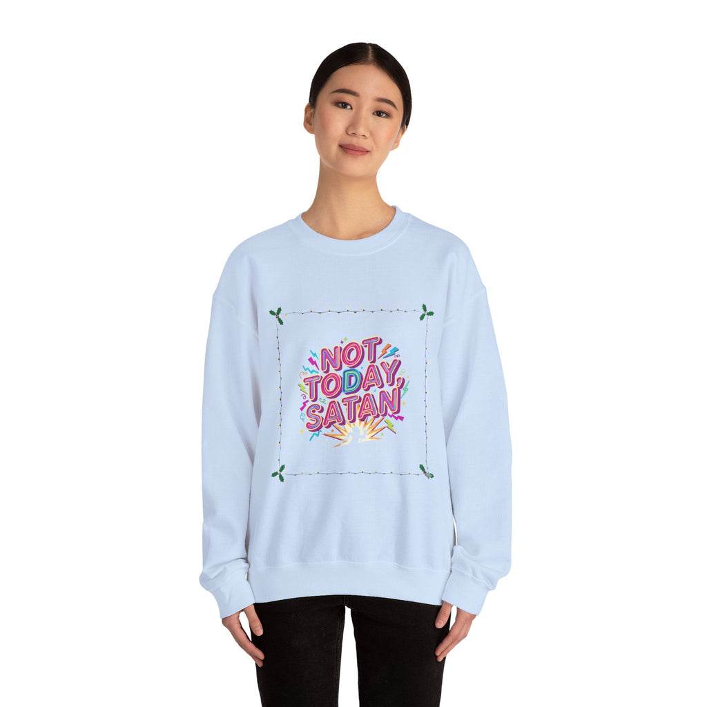 🔥 Not Today, Satan – Retro 90s Christian Sweatshirt | Neon Faith Tee | Funky Cartoon Devil | Bold Bible Verse Shirt | Uplifted Gear Printify