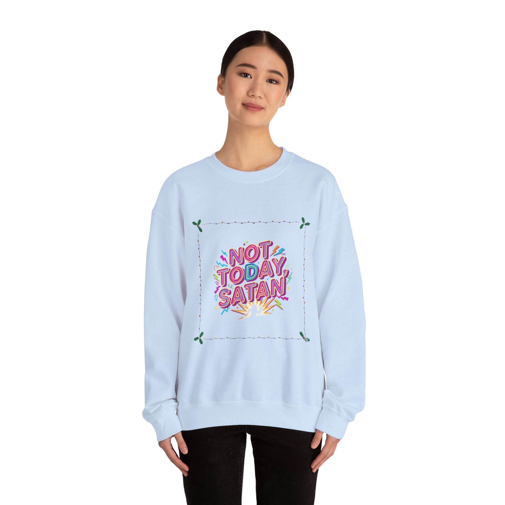 🔥 Not Today, Satan – Retro 90s Christian Sweatshirt | Neon Faith Tee | Funky Cartoon Devil | Bold Bible Verse Shirt | Uplifted Gear Printify