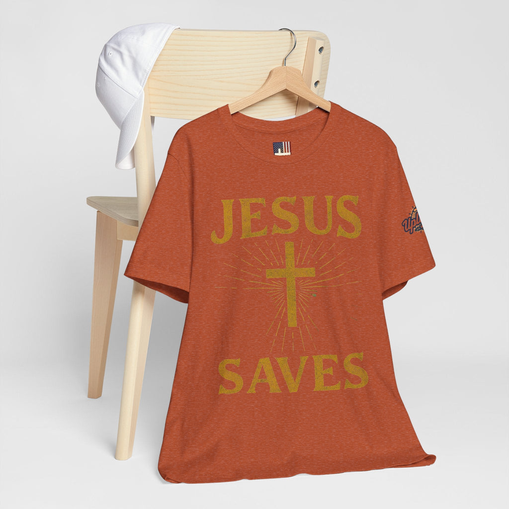 Jesus Saves T-shirt – Radiant Cross & Rays of Light Christian T-shirt for Eternal Hope & Faith Printify