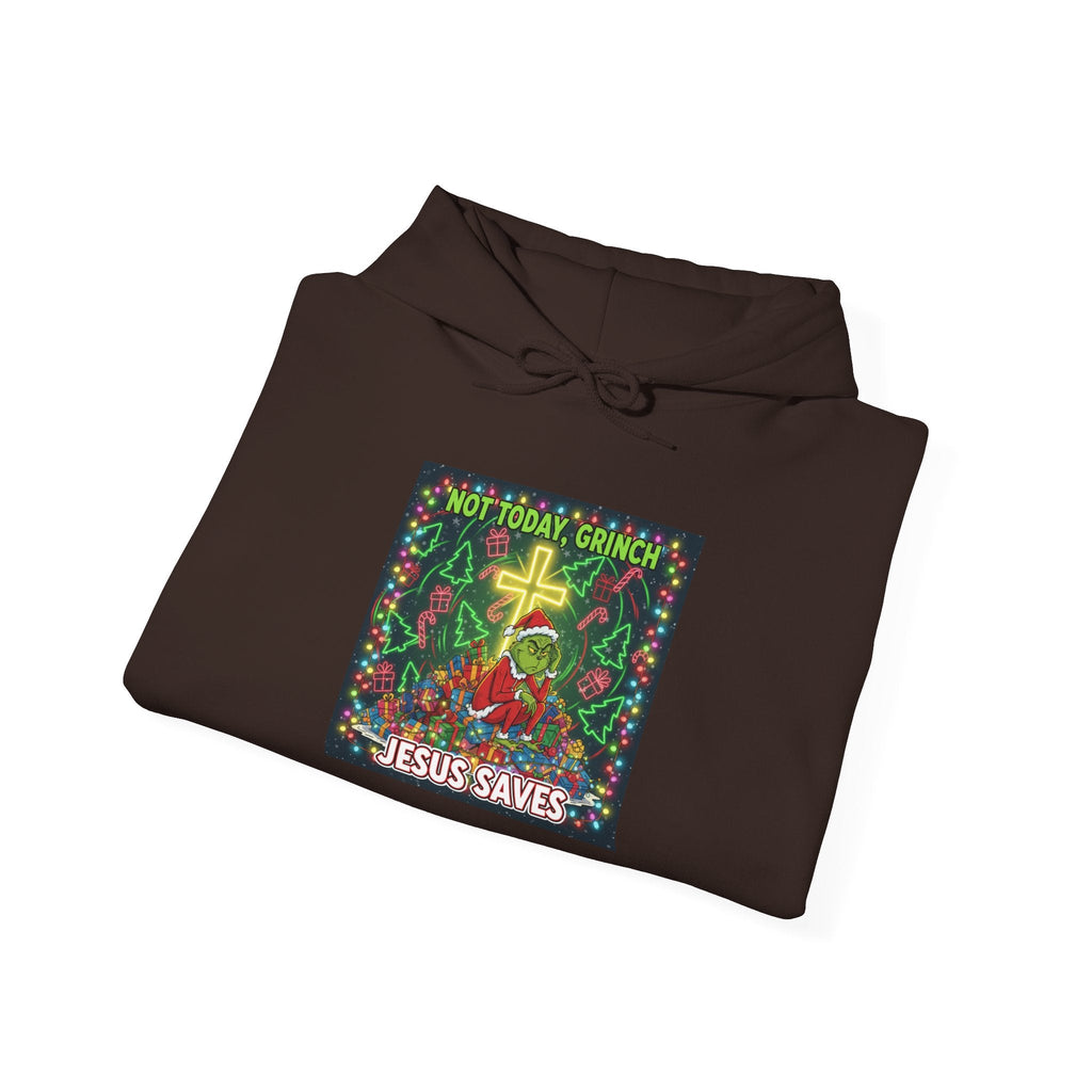 🎄 Not Today, Grinch – Jesus Saves | Funny Christian Christmas Hoodie | Festive Green & Red Cartoon Style | Bold Faith Holiday Tee by Uplifted Gear Printify