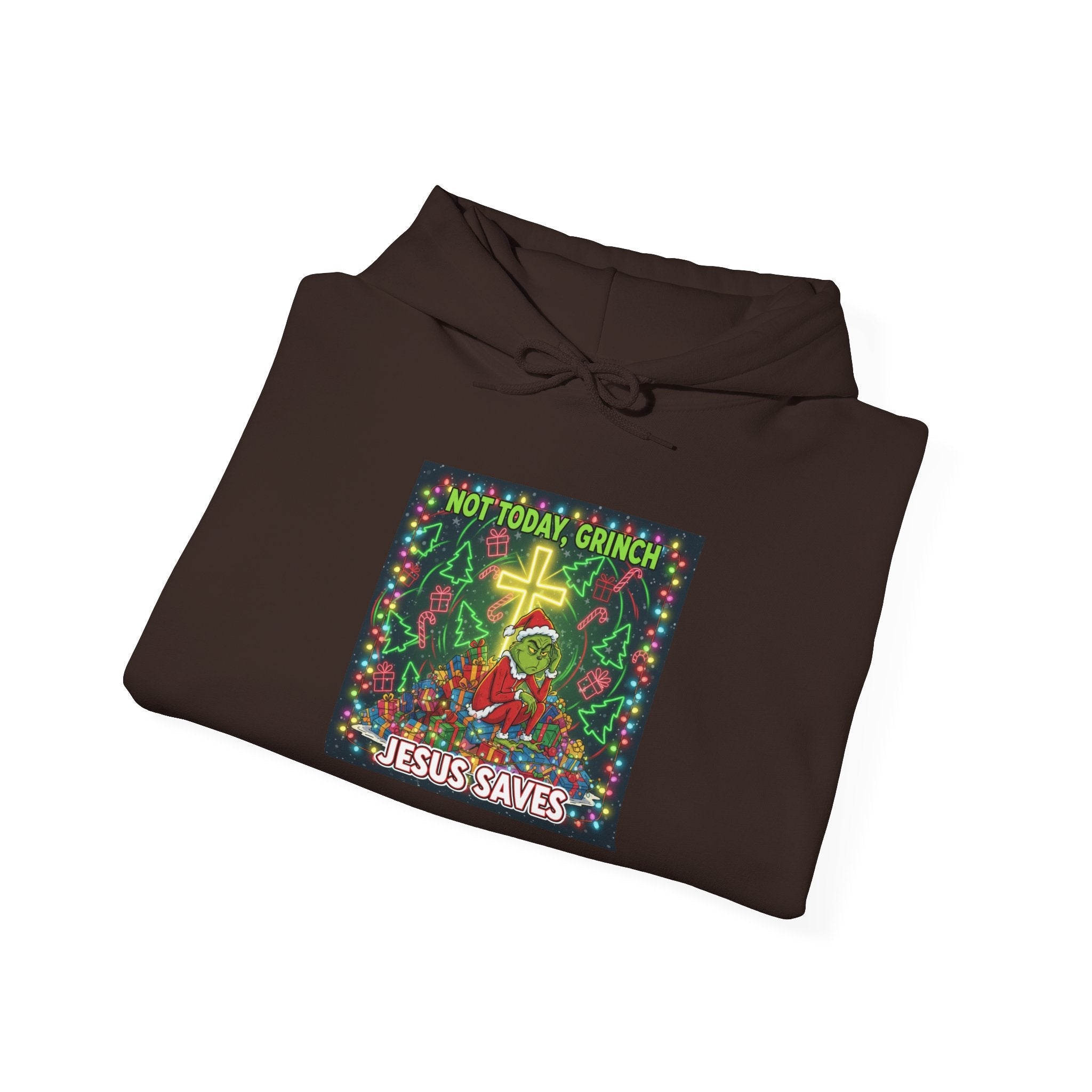 🎄 Not Today, Grinch – Jesus Saves | Funny Christian Christmas Hoodie | Festive Green & Red Cartoon Style | Bold Faith Holiday Tee by Uplifted Gear Printify