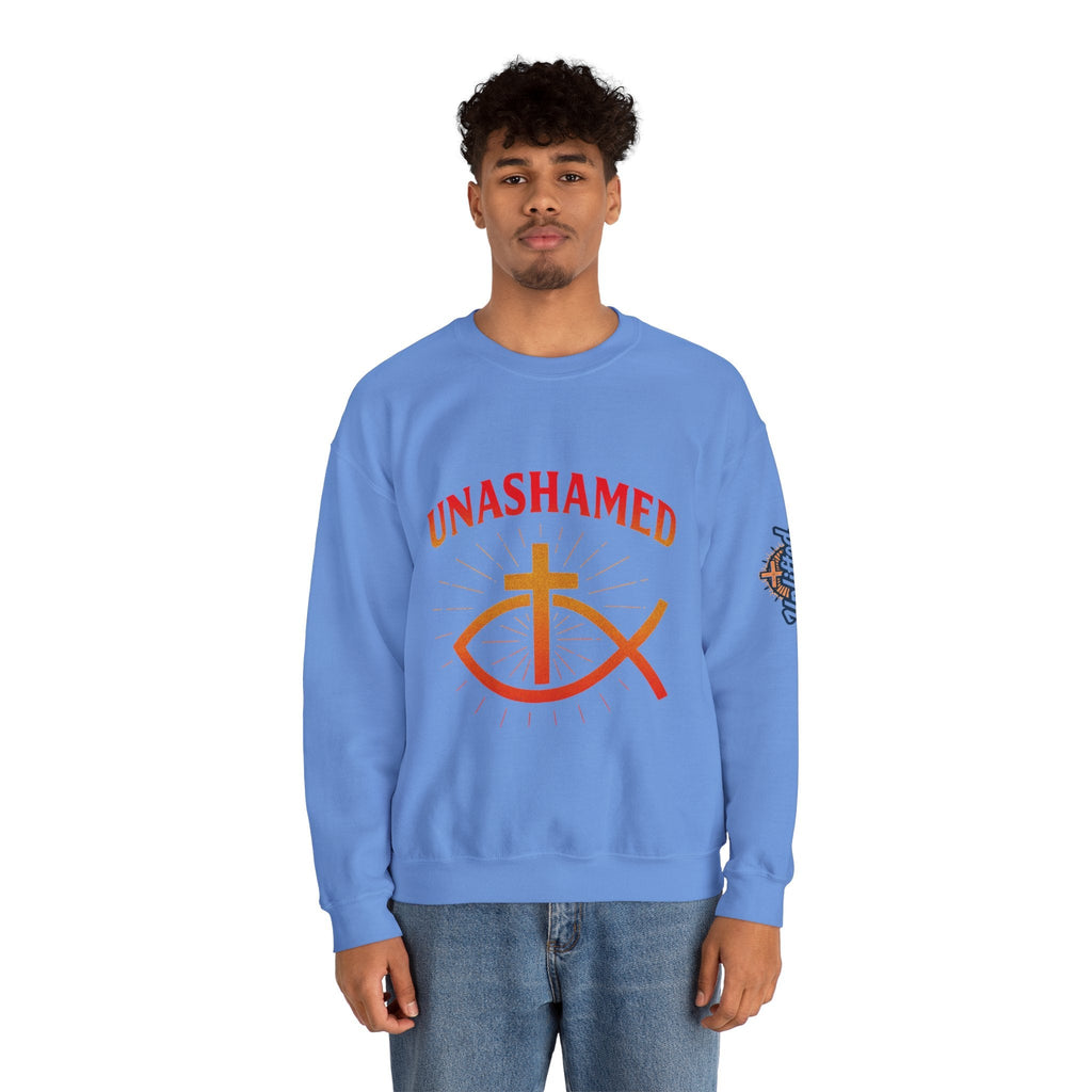 Unashamed Sweatshirt – Ichthys Jesus Fish & Cross Christian Sweatshirt for Romans 1:16 Bold Faith Printify