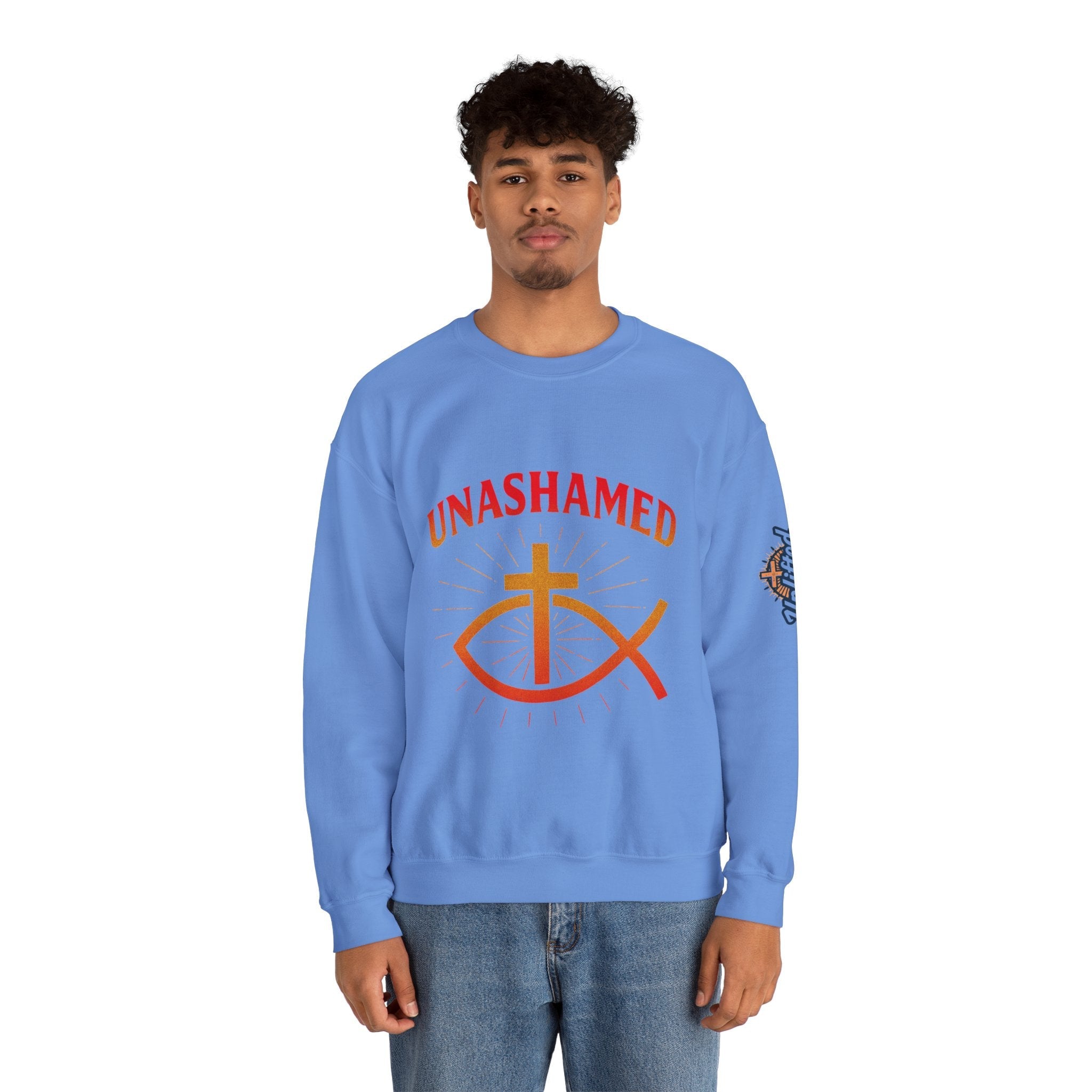 Unashamed Sweatshirt – Ichthys Jesus Fish & Cross Christian Sweatshirt for Romans 1:16 Bold Faith Printify