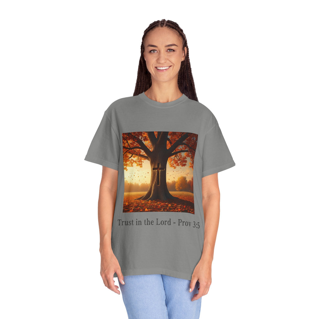 Trust in the Lord T-Shirt – Autumn Tree Christian Tee with Proverbs 3:5 Printify