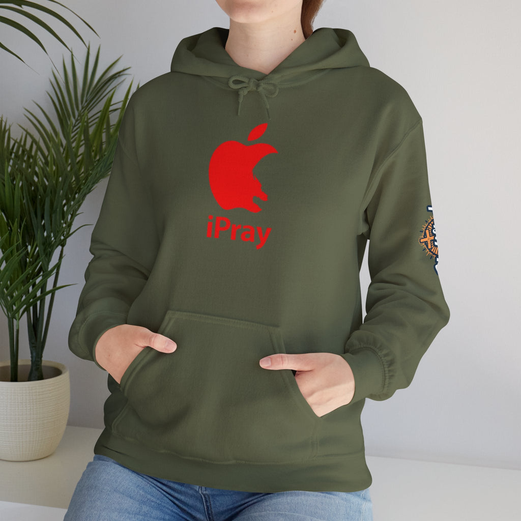 iPray Apple Logo Hoodie — Funny Christian Hoodie (Minimal Red Apple Graphic) Printify