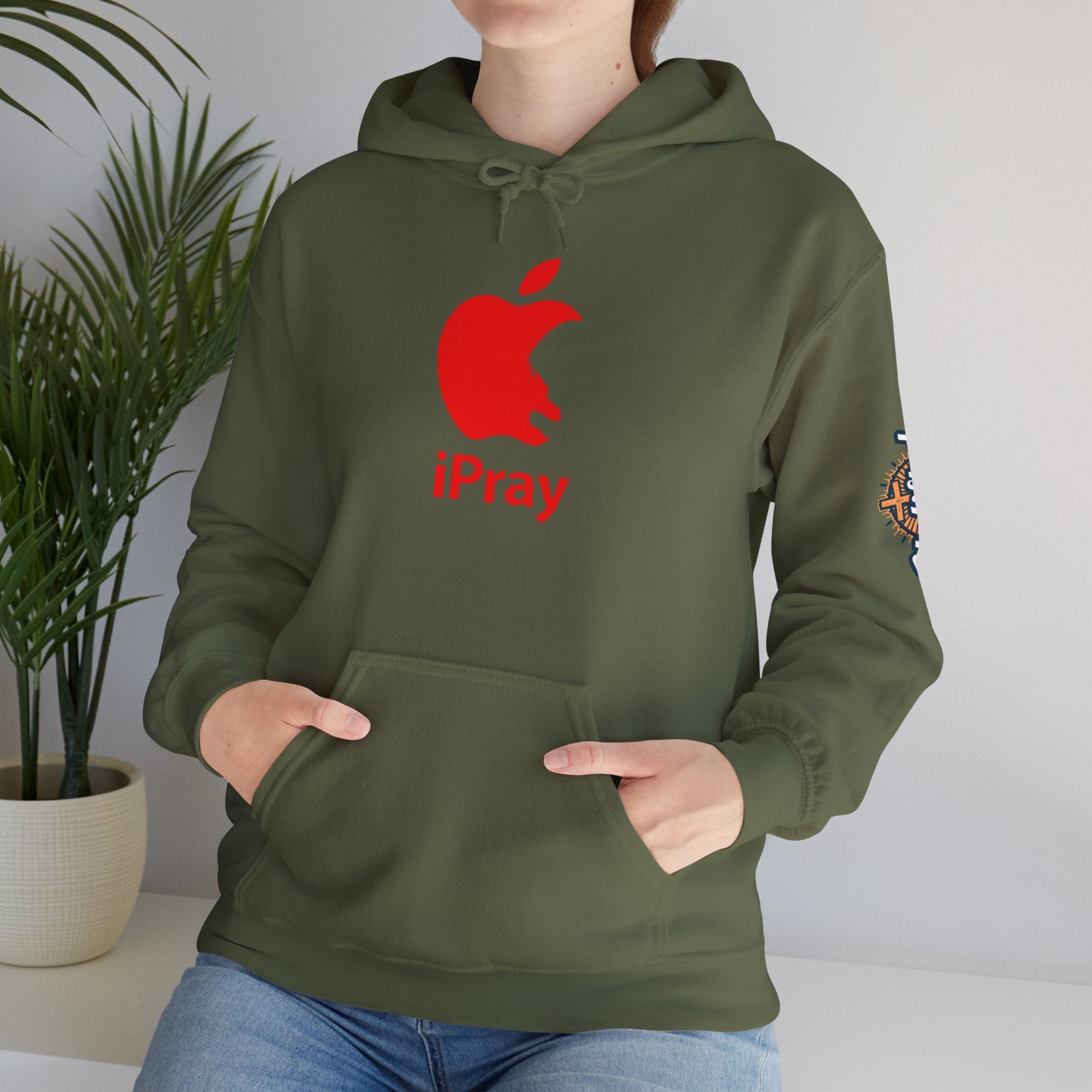iPray Apple Logo Hoodie — Funny Christian Hoodie (Minimal Red Apple Graphic) Printify