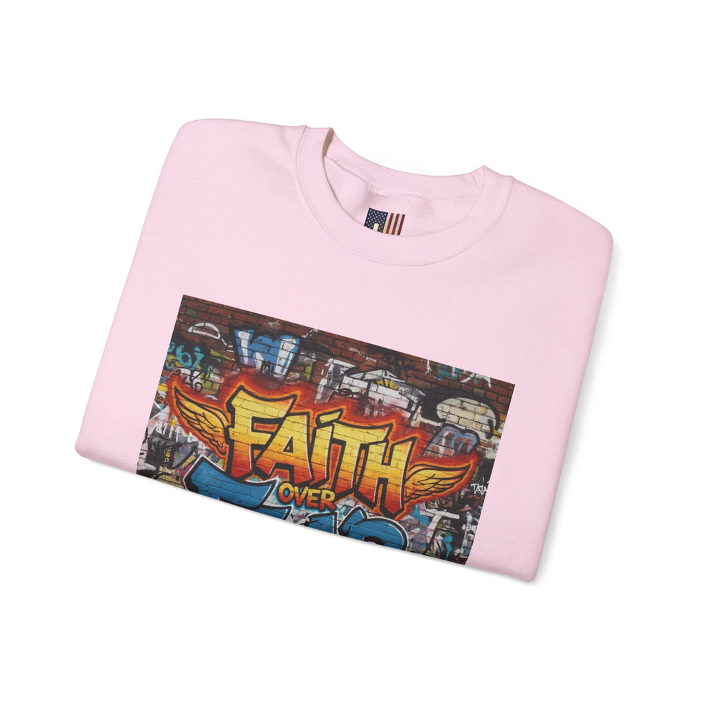 Faith Over Fear Sweatshirt – Graffiti Wall Christian Sweatshirt for Bold 2 Corinthians 5:7 Streetwear & Unshakable Faith Printify