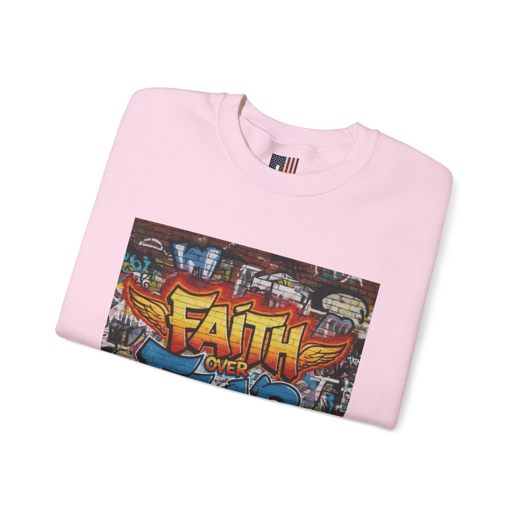 Faith Over Fear Sweatshirt – Graffiti Wall Christian Sweatshirt for Bold 2 Corinthians 5:7 Streetwear & Unshakable Faith Printify