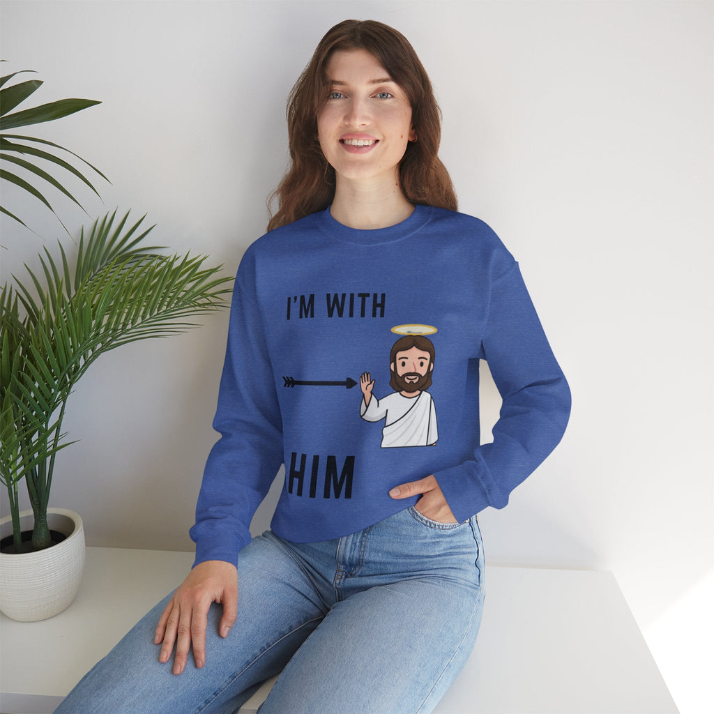 🔥 I’m With Him → Christian Sweatshirt | Arrow Pointing to Jesus | Minimalist Faith Tee | Subtle Cross Design | Bible-Inspired Apparel by Uplifted Gear Printify