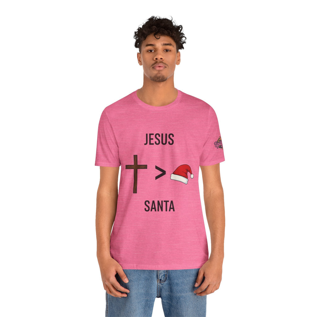 🎄 Jesus > Santa – Minimalist Christian Christmas T-Shirt | Bold Faith Over Holiday Tee | Cross vs Santa Hat Design | Uplifted Gear Printify