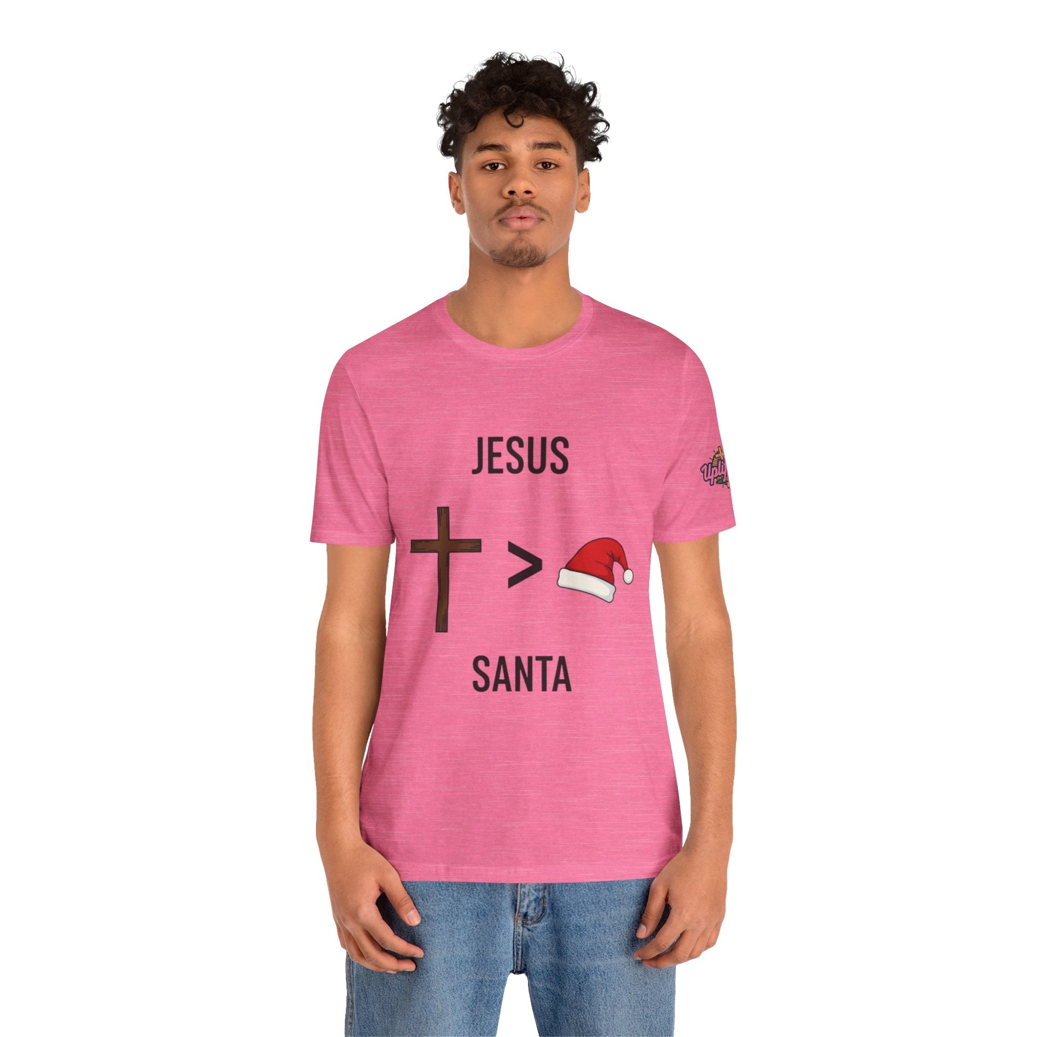 🎄 Jesus > Santa – Minimalist Christian Christmas T-Shirt | Bold Faith Over Holiday Tee | Cross vs Santa Hat Design | Uplifted Gear Printify