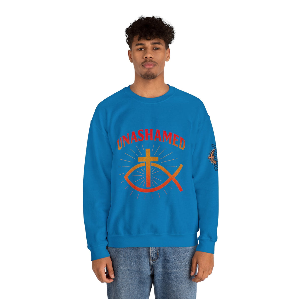 Unashamed Sweatshirt – Ichthys Jesus Fish & Cross Christian Sweatshirt for Romans 1:16 Bold Faith Printify