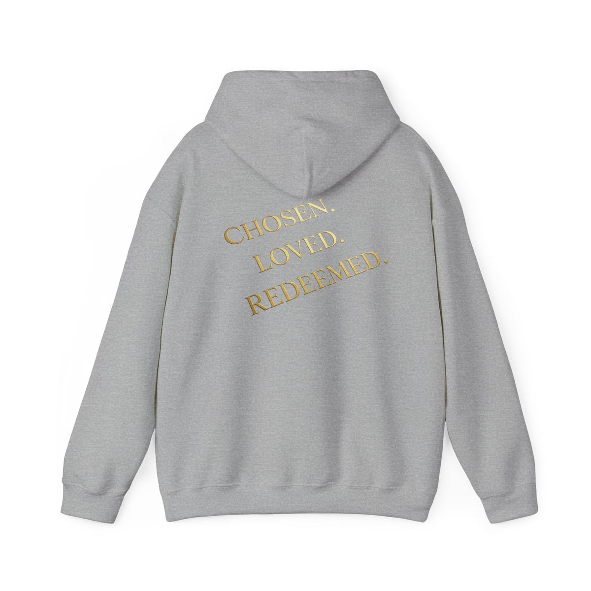 ✨ Chosen. Loved. Redeemed. – Elegant Christian Hoodie | Gold Foil Faith Tee | Subtle Cross & Heart Design | Inspirational Bible Verse Apparel by Uplifted Gear Printify