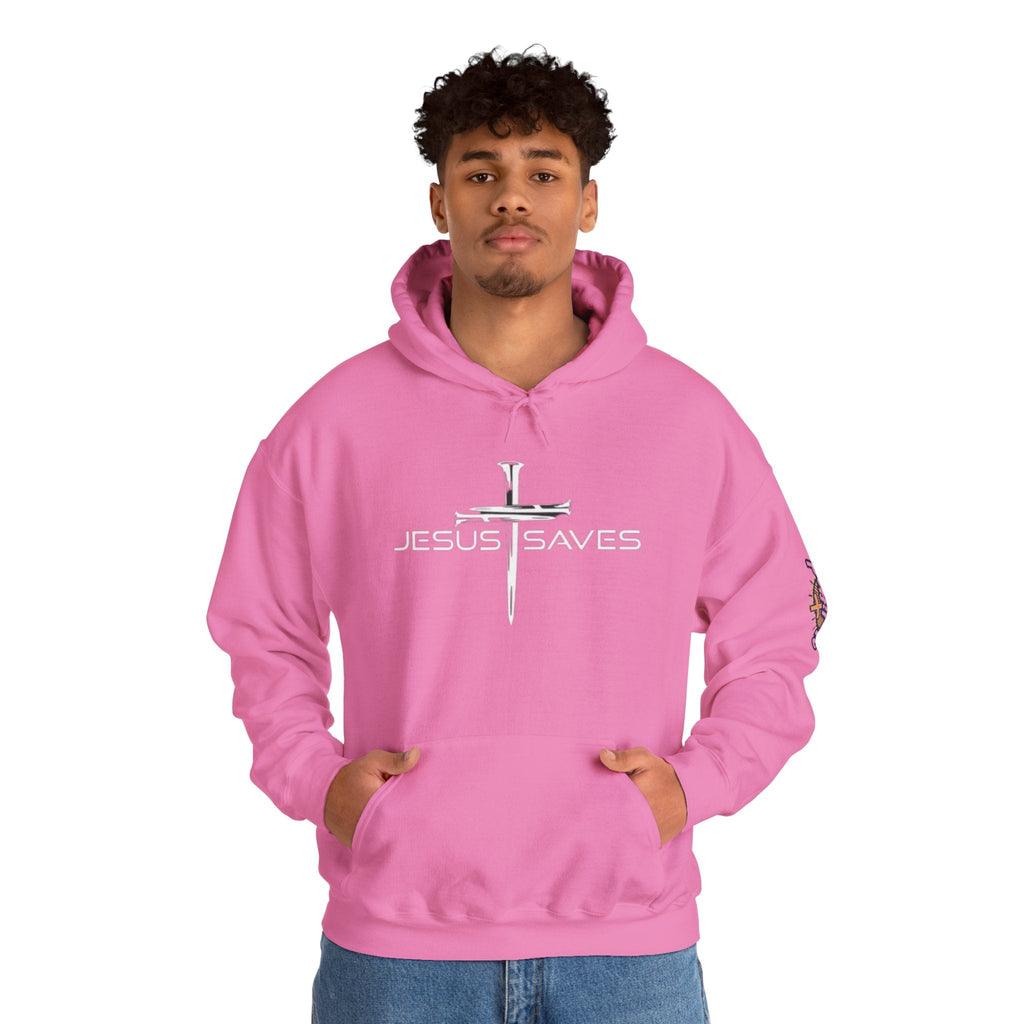 Jesus Saves Hoodie – 3 Nails Crucifix Cross Christian Sweatshirt for Redemption Faith & Bold Salvation Printify