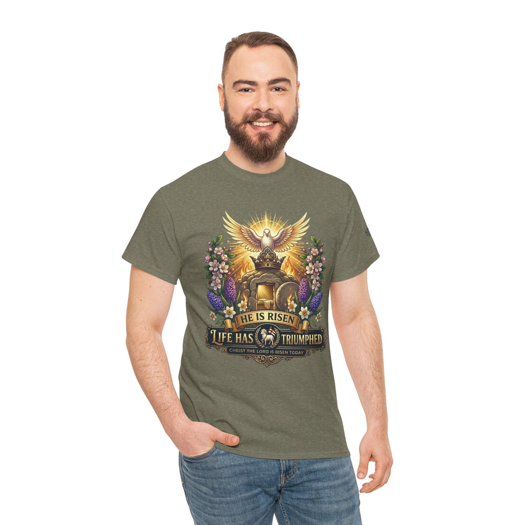 He Is Risen "Life Has Triumphed" T-Shirt — Easter Resurrection Christian Tee Printify