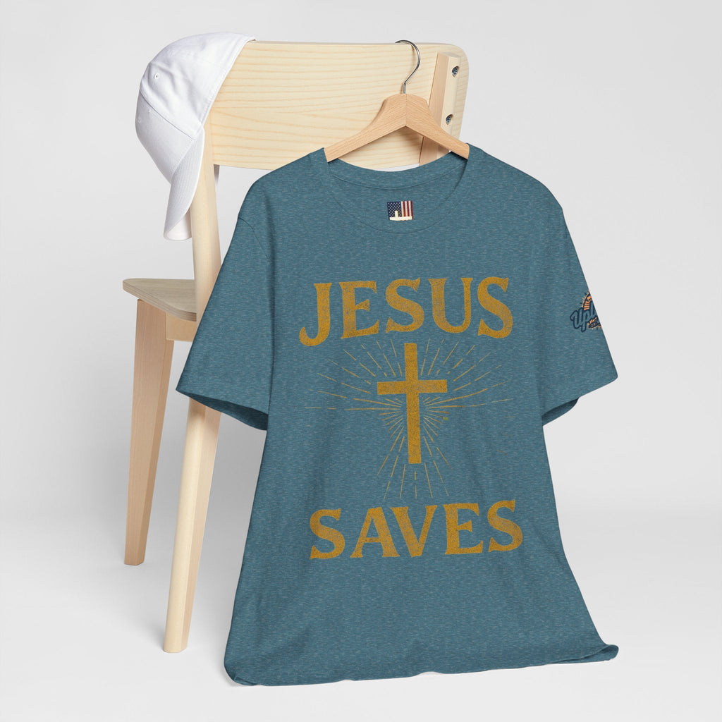 Jesus Saves T-shirt – Radiant Cross & Rays of Light Christian T-shirt for Eternal Hope & Faith Printify