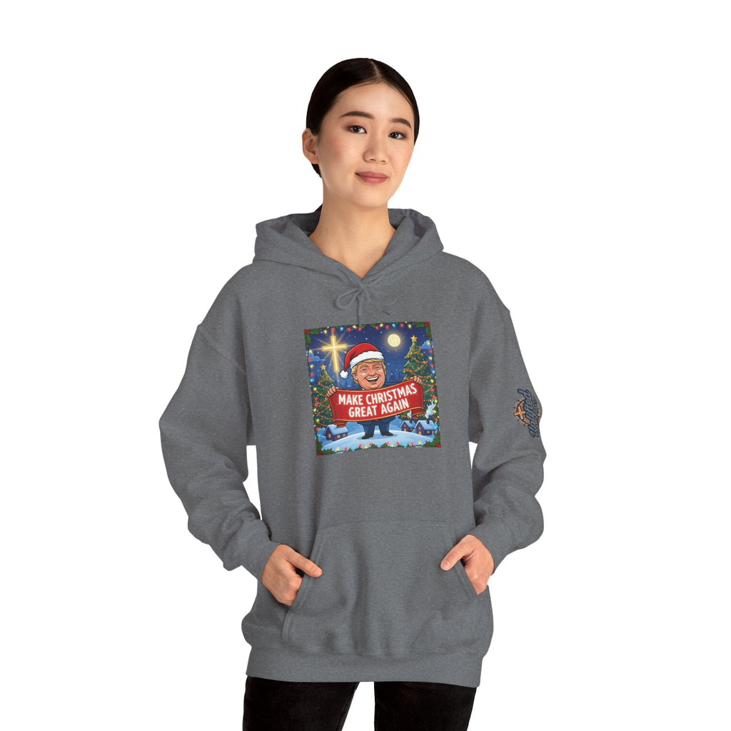 🎄 Make Christmas Great Again – Patriotic Christian Christmas Hoodie | Bold Holiday Faith Tee | Red & White Banner Design | Uplifted Gear Printify