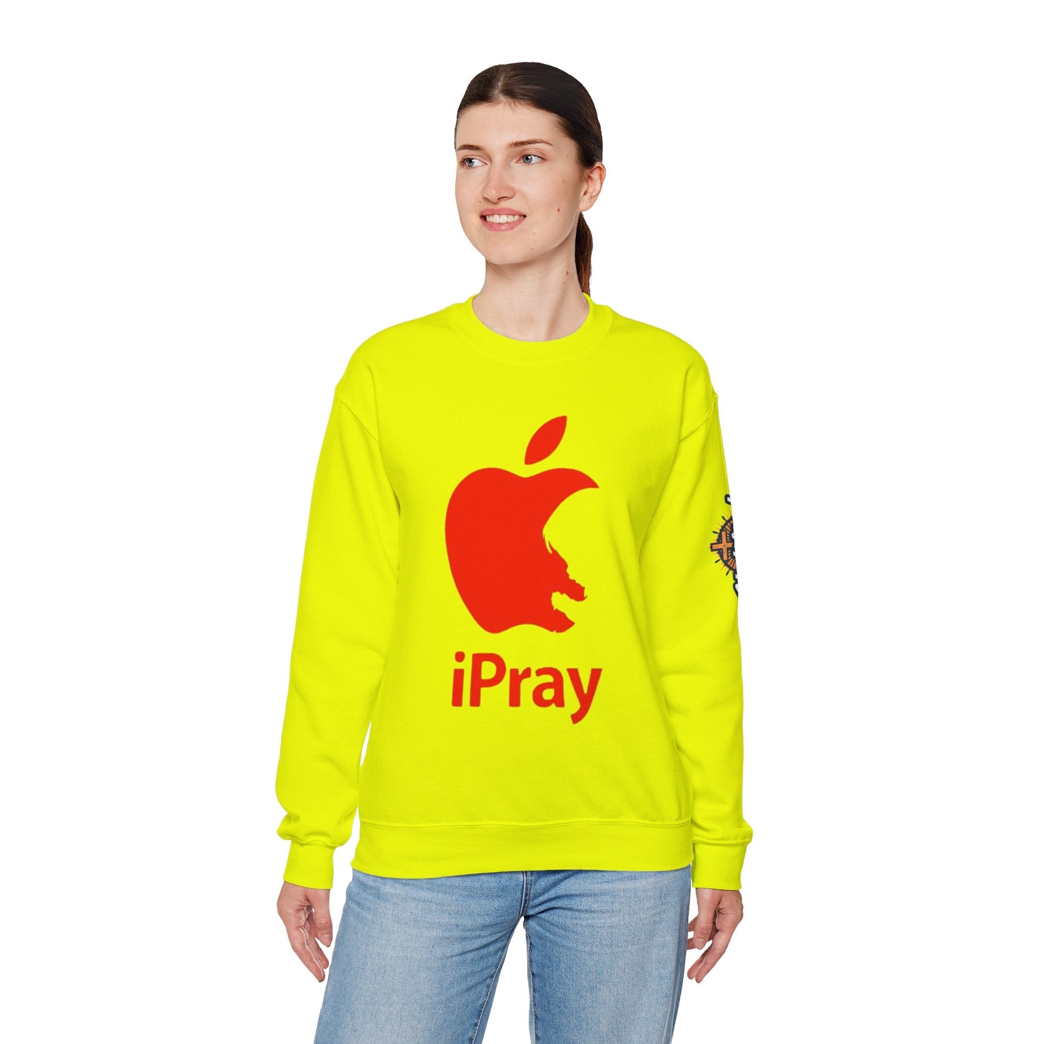 iPray Apple Logo Sweatshirt — Funny Christian Sweatshirt (Minimal Red Apple Graphic) Printify