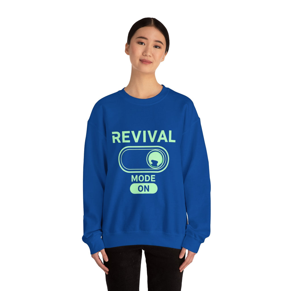 🔥 Revival Mode: ON – Christian Techwear Sweatshirt | Glowing Green Faith Switch | Futuristic Jesus Shirt | Activate Your Spiritual Awakening | Uplifted Gear Printify