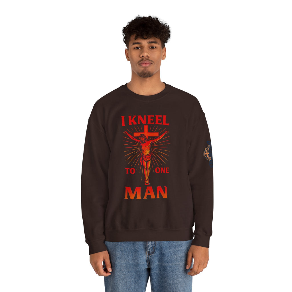 I Kneel to One Man Sweatshirt – Crucifixion Christian Sweatshirt for Unashamed Devotion & Bold Faith Printify