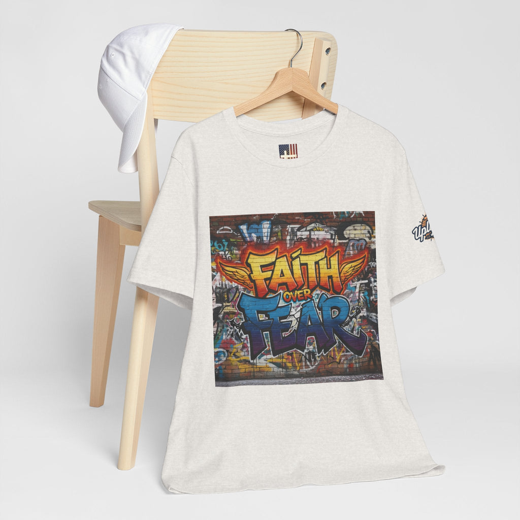 Faith Over Fear T-shirt – Graffiti Wall Christian T-shirt for Bold 2 Corinthians 5:7 Streetwear & Unshakable Faith Printify