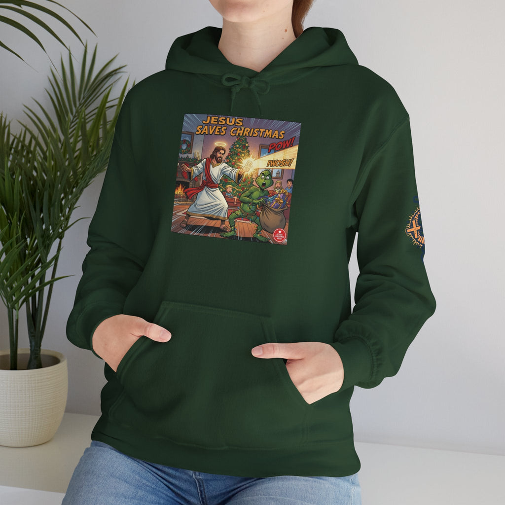 Jesus Saves Christmas Hoodie – Grinch vs Savior Light Battle Christian Sweatshirt for Hilarious Holiday Faith & True Joy Printify