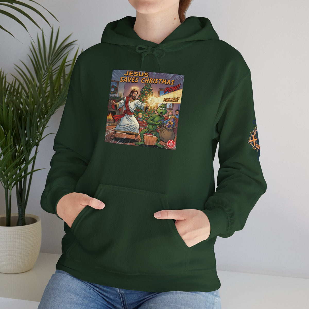 Jesus Saves Christmas Hoodie – Grinch vs Savior Light Battle Christian Sweatshirt for Hilarious Holiday Faith & True Joy Printify