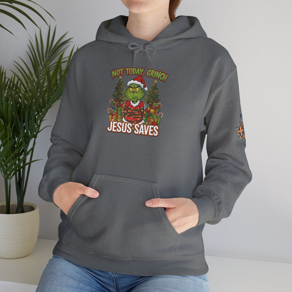 🎄 Not Today, Grinch – Jesus Saves | Funny Christian Christmas Hoodie | Sulking Grinch & Glowing Cross | Bold Neon Faith Tee by Uplifted Gear Printify