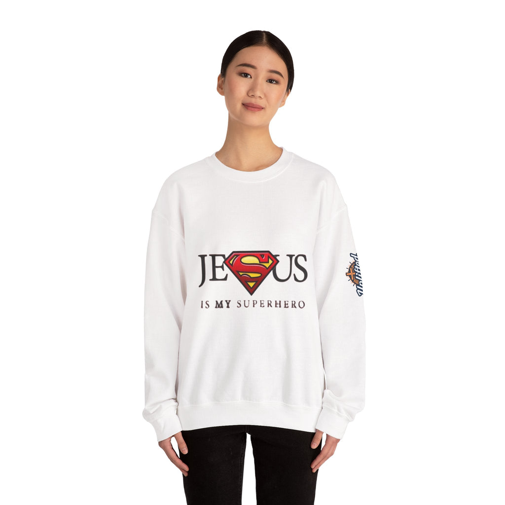 Jesus Is My Superhero Crewneck Sweatshirt Printify