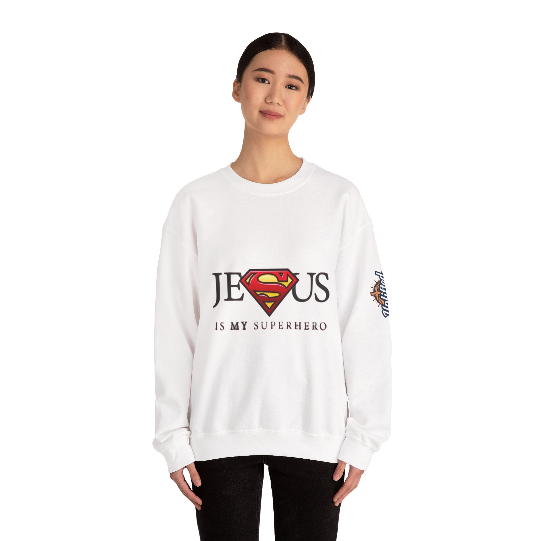 Jesus Is My Superhero Crewneck Sweatshirt Printify