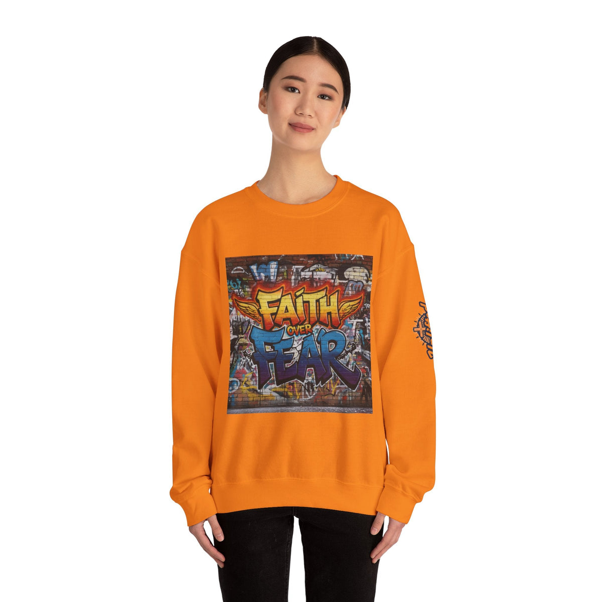 Faith Over Fear Sweatshirt – Graffiti Wall Christian Sweatshirt for Bold 2 Corinthians 5:7 Streetwear & Unshakable Faith Printify