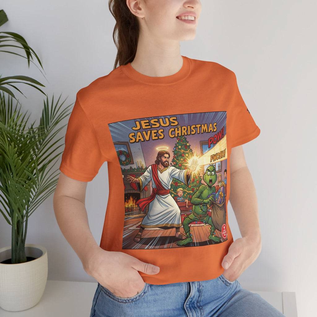Jesus Saves Christmas T-shirt – Grinch vs Savior Light Battle Christian T-shirt for Hilarious Holiday Faith & True Joy Printify