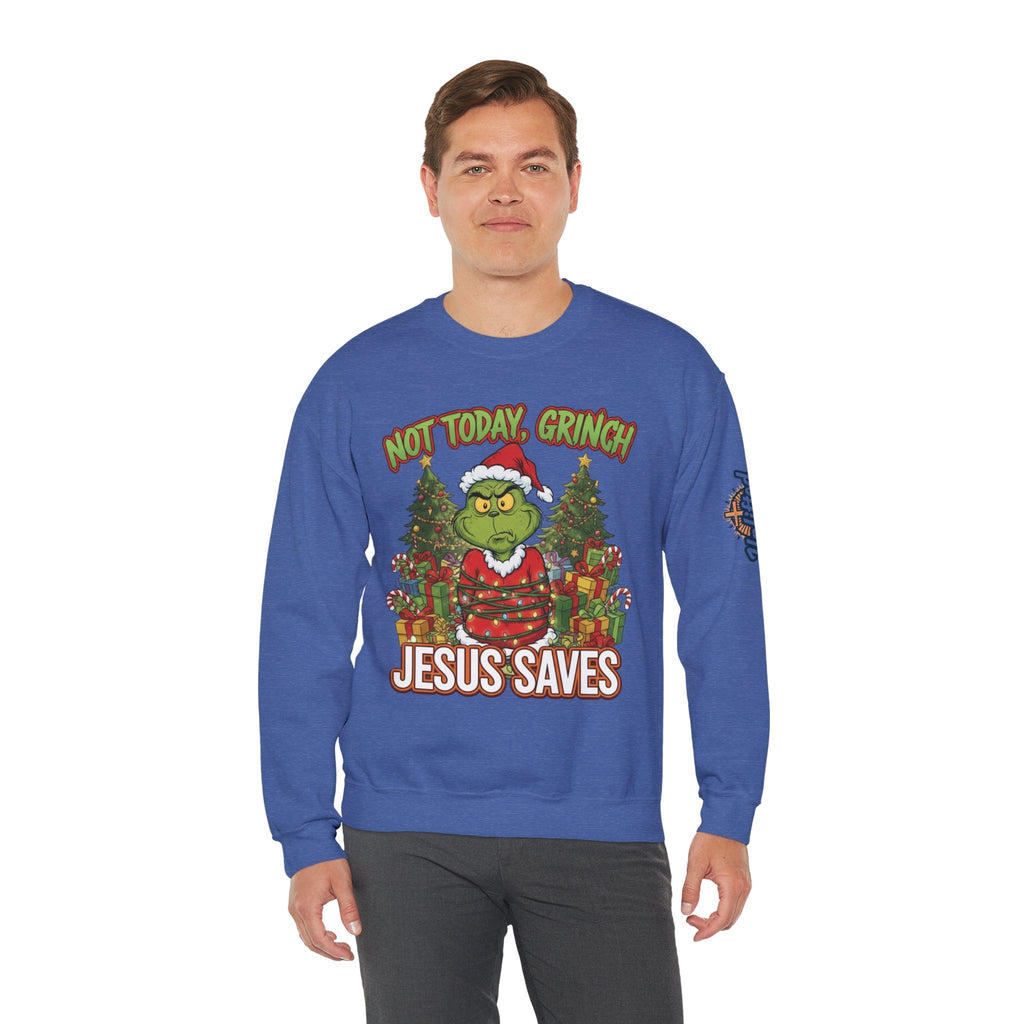 🎄 Not Today, Grinch – Jesus Saves | Funny Christian Christmas Sweatshirt | Sulking Grinch & Glowing Cross | Bold Neon Faith Tee by Uplifted Gear Printify