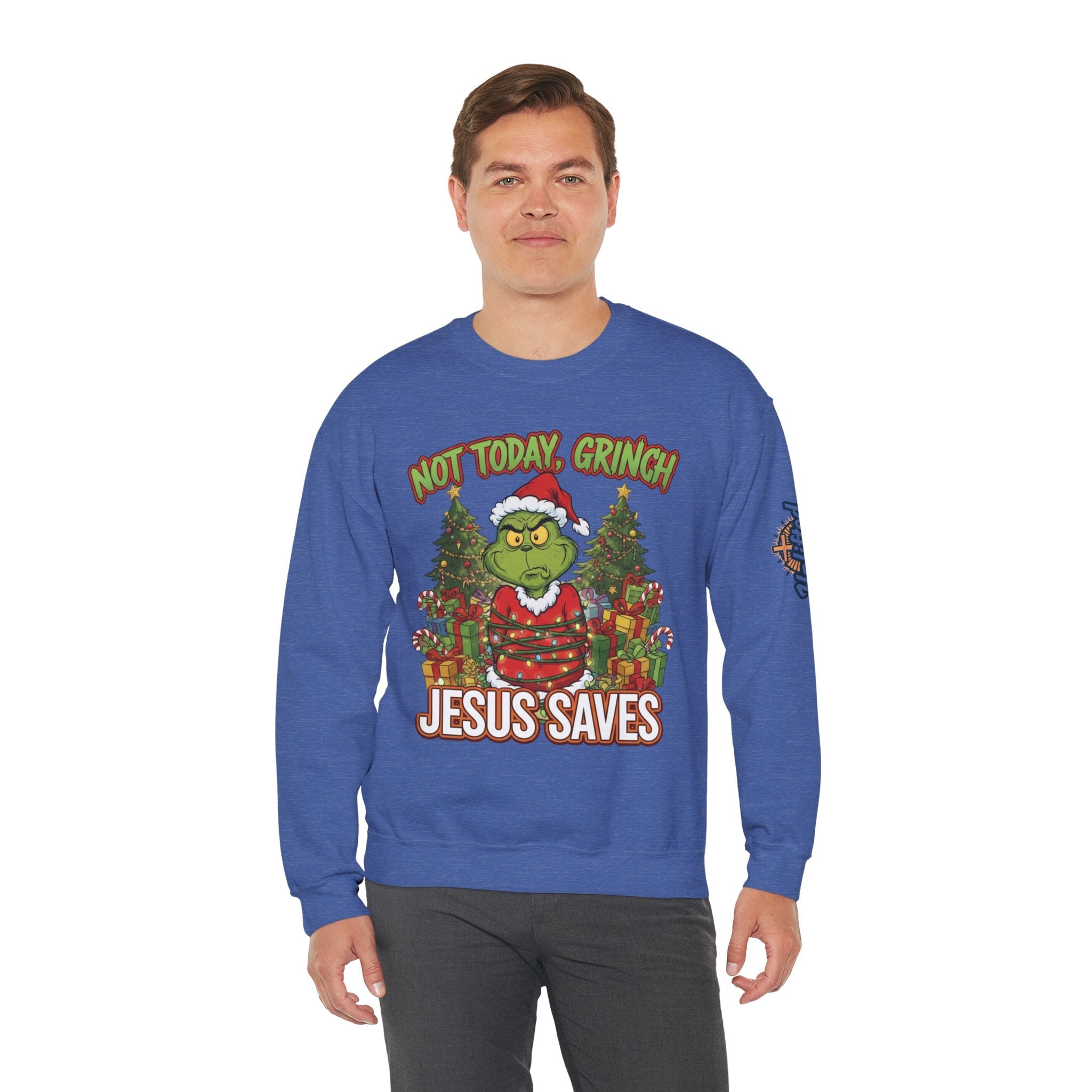 🎄 Not Today, Grinch – Jesus Saves | Funny Christian Christmas Sweatshirt | Sulking Grinch & Glowing Cross | Bold Neon Faith Tee by Uplifted Gear Printify