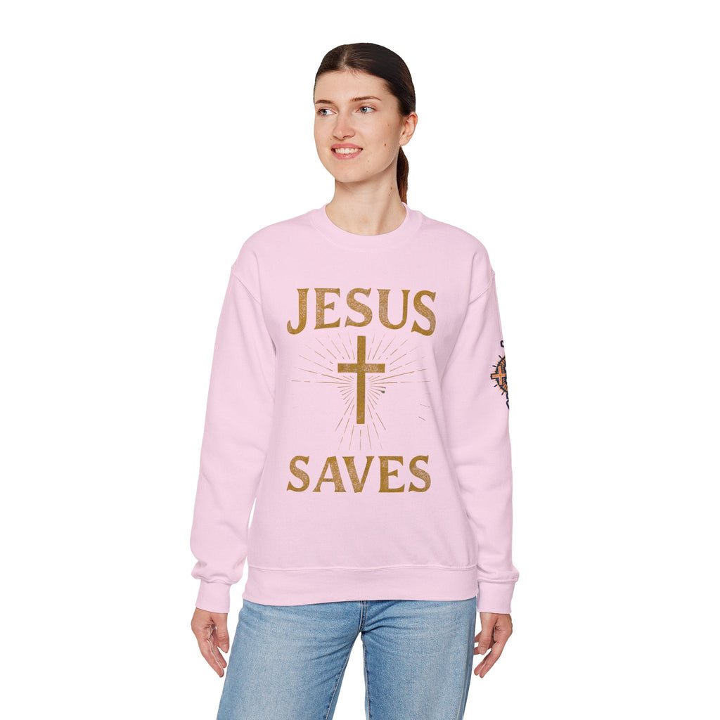 Jesus Saves Sweatshirt – Radiant Cross & Rays of Light Christian Sweatshirt for Eternal Hope & Faith Printify